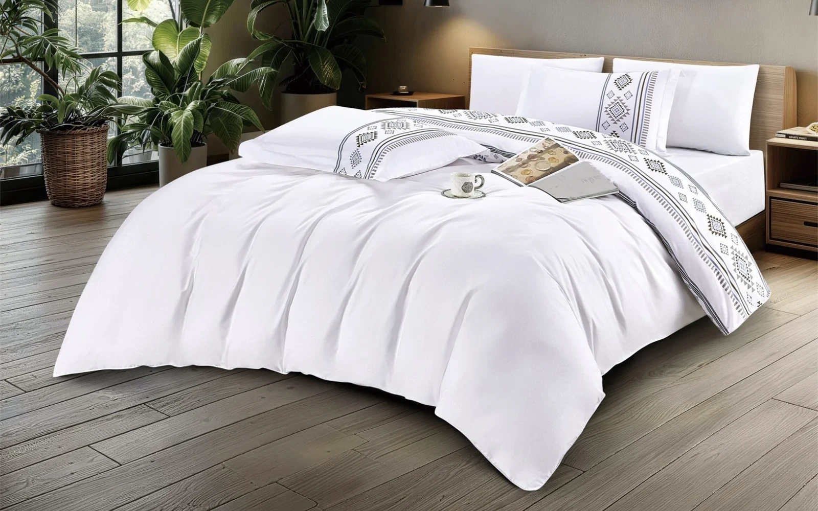 Shira Cotton Printed Double Face Duvet Cover Set Without Filling 4 PCS - Single White