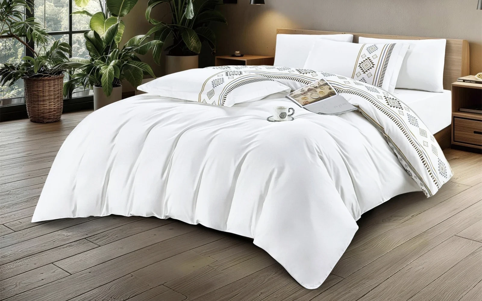 Shira Cotton Printed Double Face Duvet Cover Set Without Filling 4 PCS - Single White