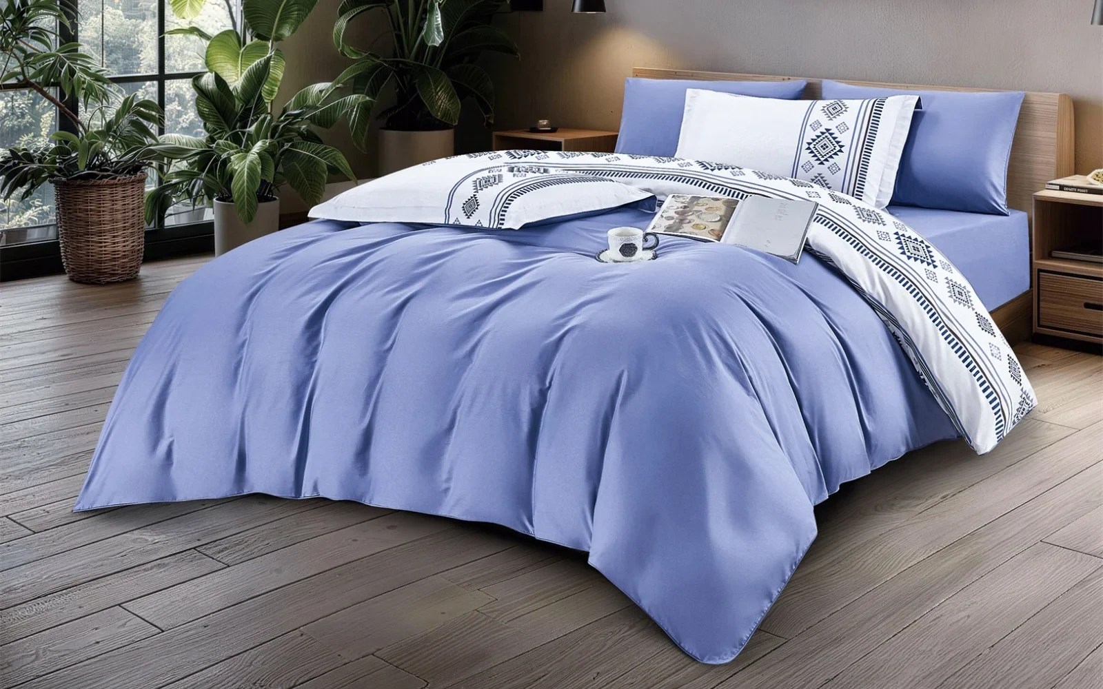 Shira Cotton Printed Double Face Duvet Cover Set Without Filling 4 PCS - Single White