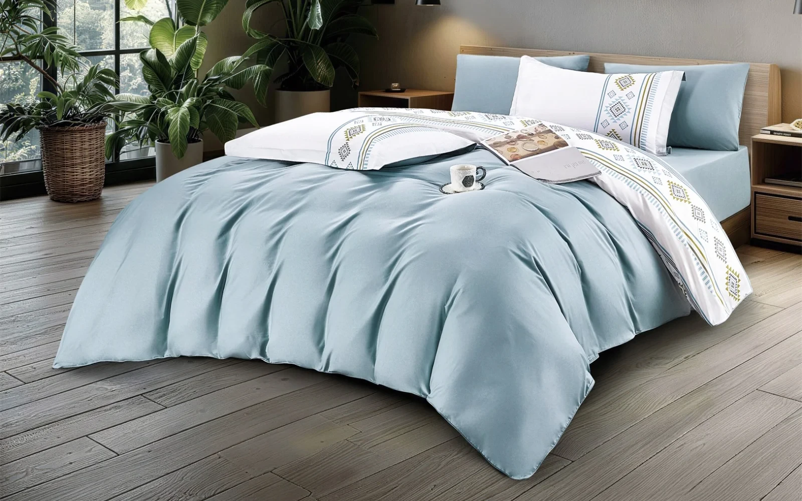 Shira Cotton Printed Double Face Duvet Cover Set Without Filling 4 PCS - Single White