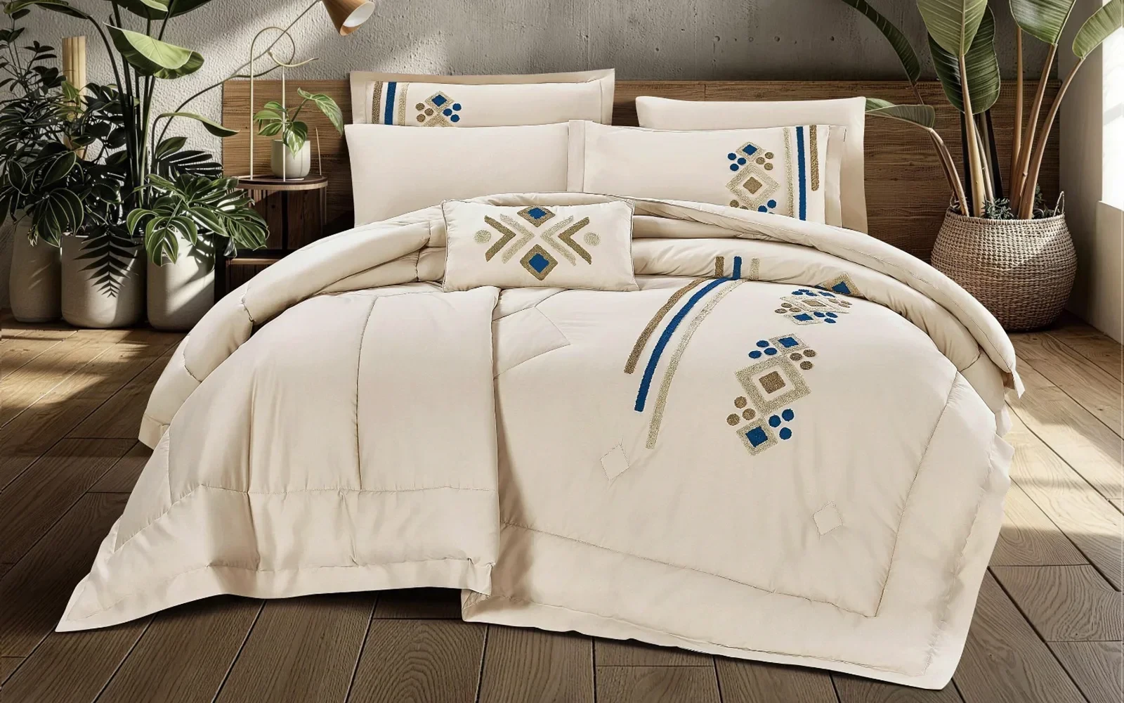 Anara Embroidered Comforter Bedding Set 7 PCS - King L.Beige