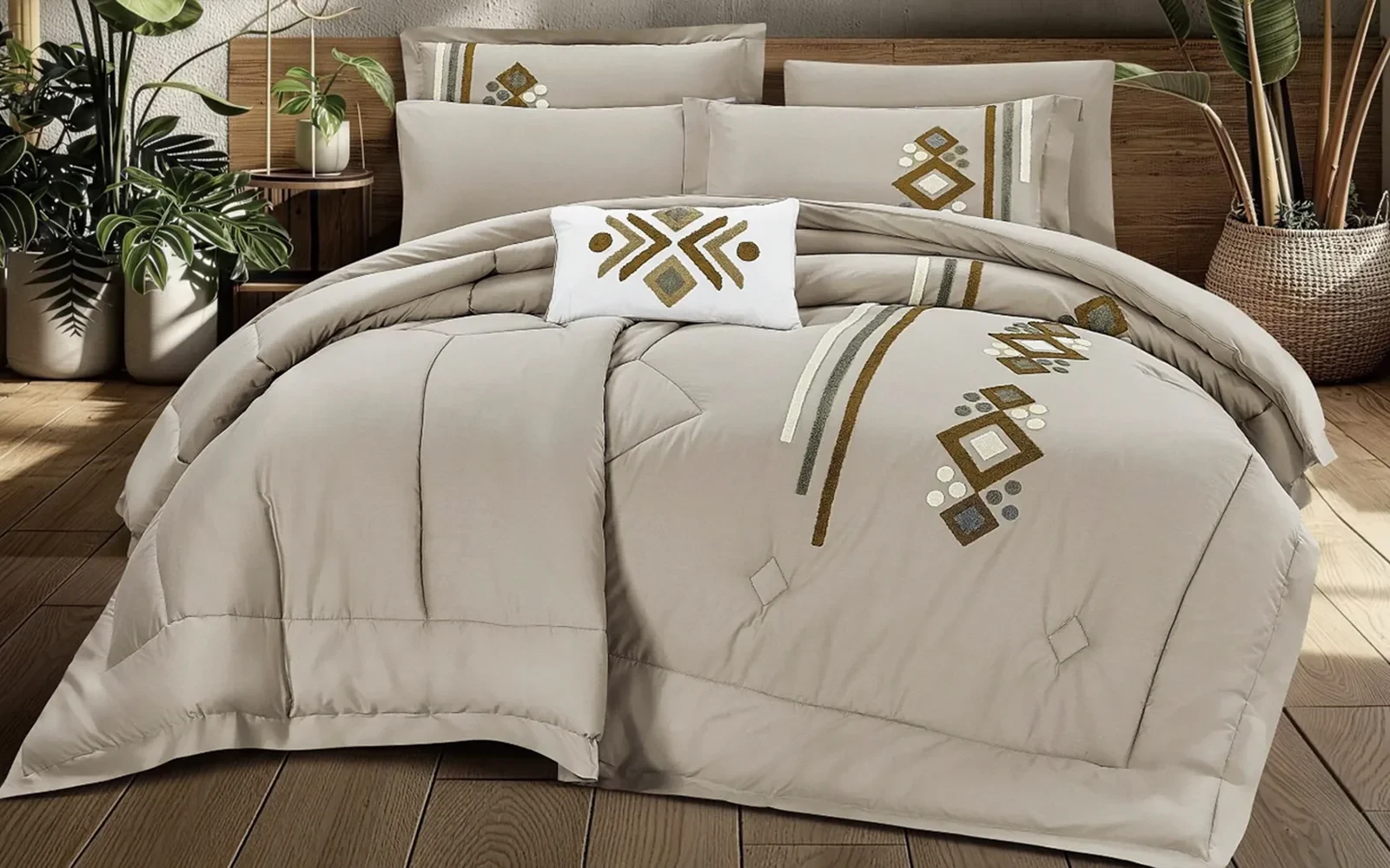 Anara Embroidered Comforter Bedding Set 7 PCS - King Beige