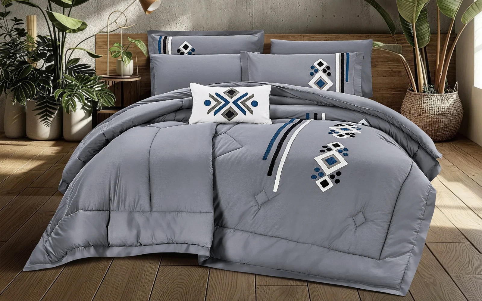 Anara Embroidered Comforter Bedding Set 7 PCS - King Grey