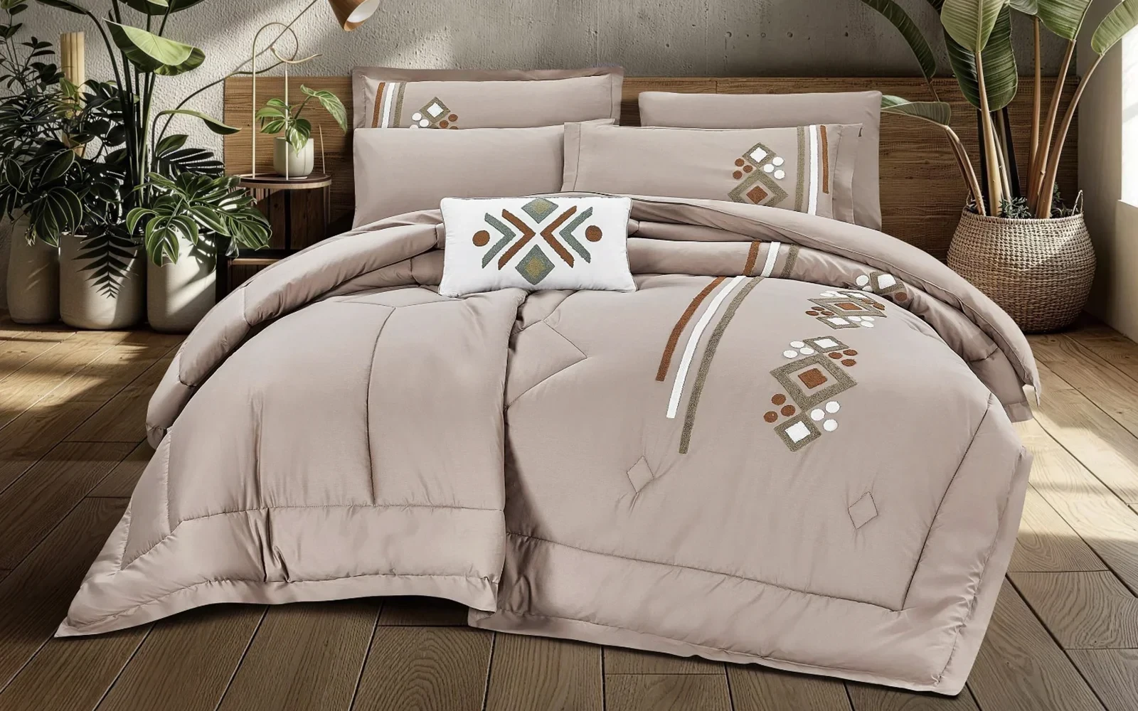Anara Embroidered Comforter Bedding Set 7 PCS - King D.Beige