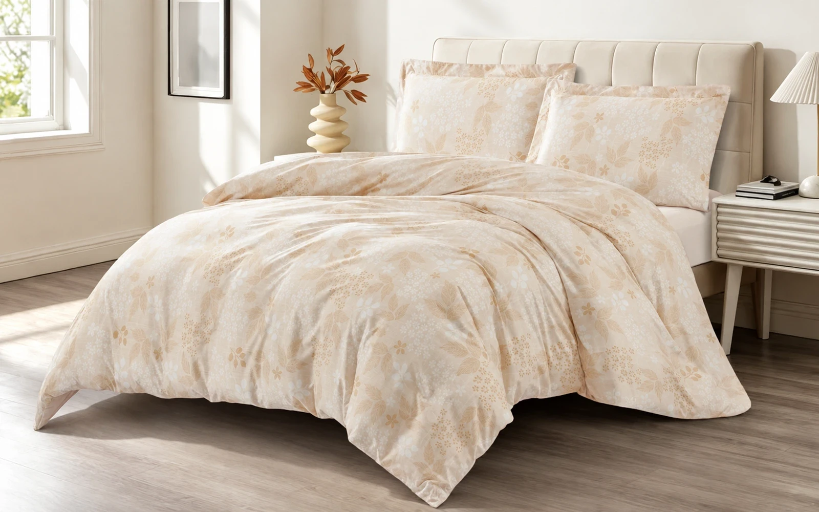 Aurora Printed Duvet Cover Bedding Set Without Filling 4 PCS - King L.Beige & White