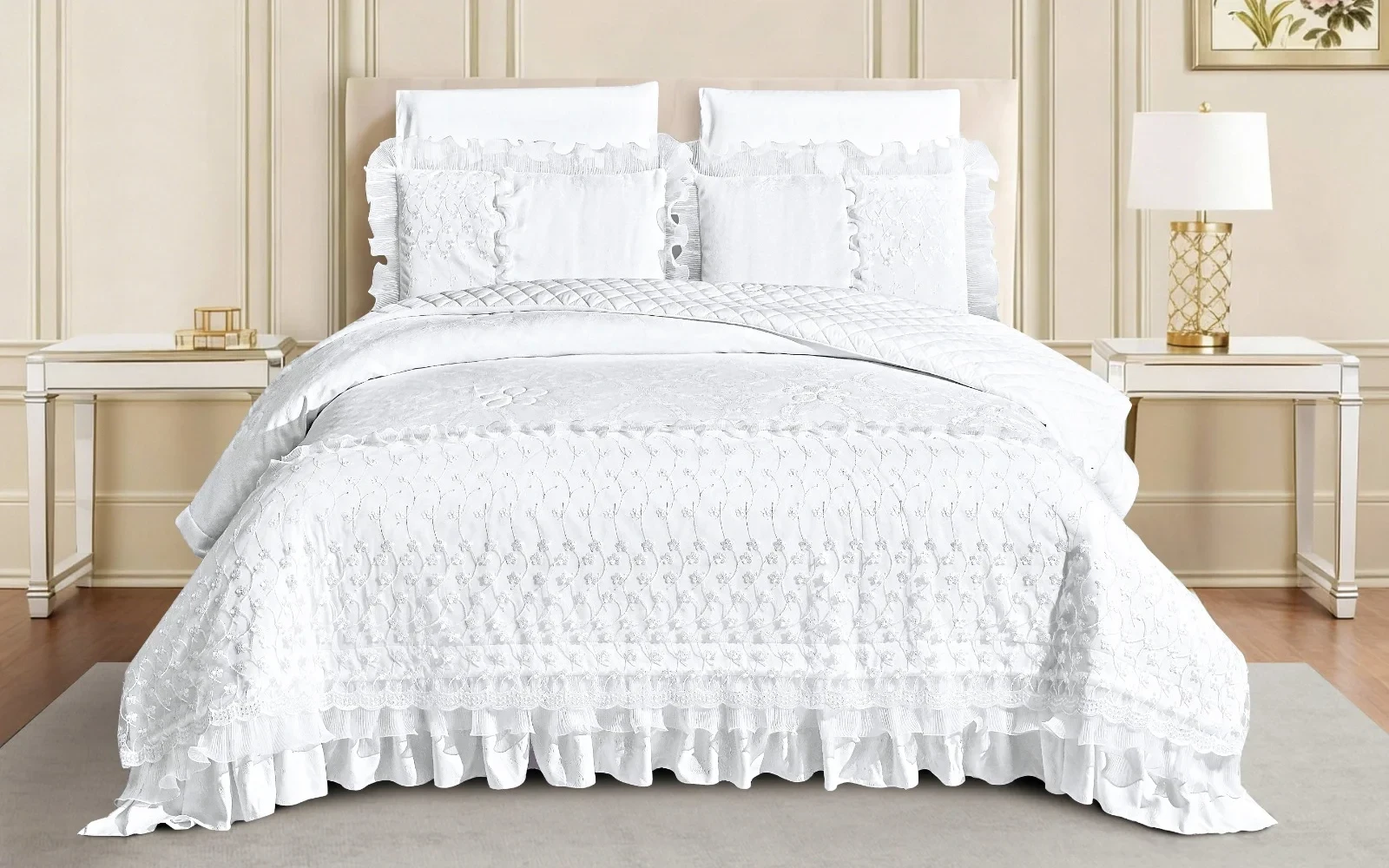 Al Saad Home Wedding Night Package (Jacquard Lace Wedding Bedspread Set + Cotton Embroidered Bathrobe Set) - 12 PCS