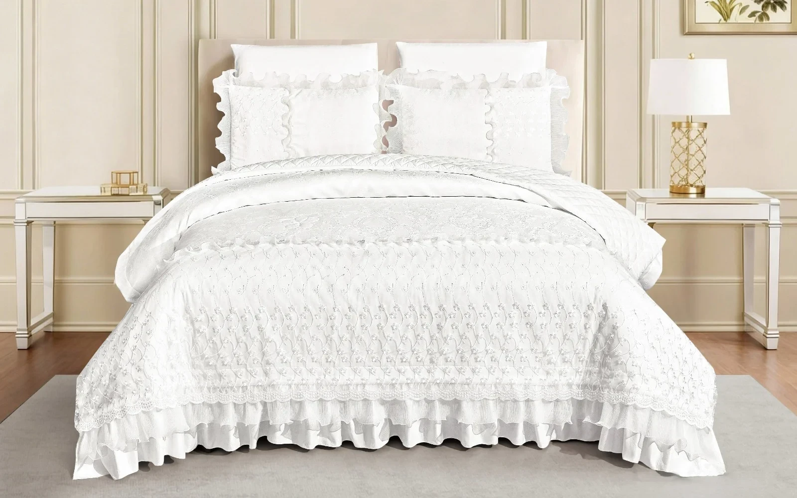 Al Saad Home Wedding Night Package (Jacquard Lace Wedding Bedspread Set + Cotton Embroidered Bathrobe Set) - 12 PCS