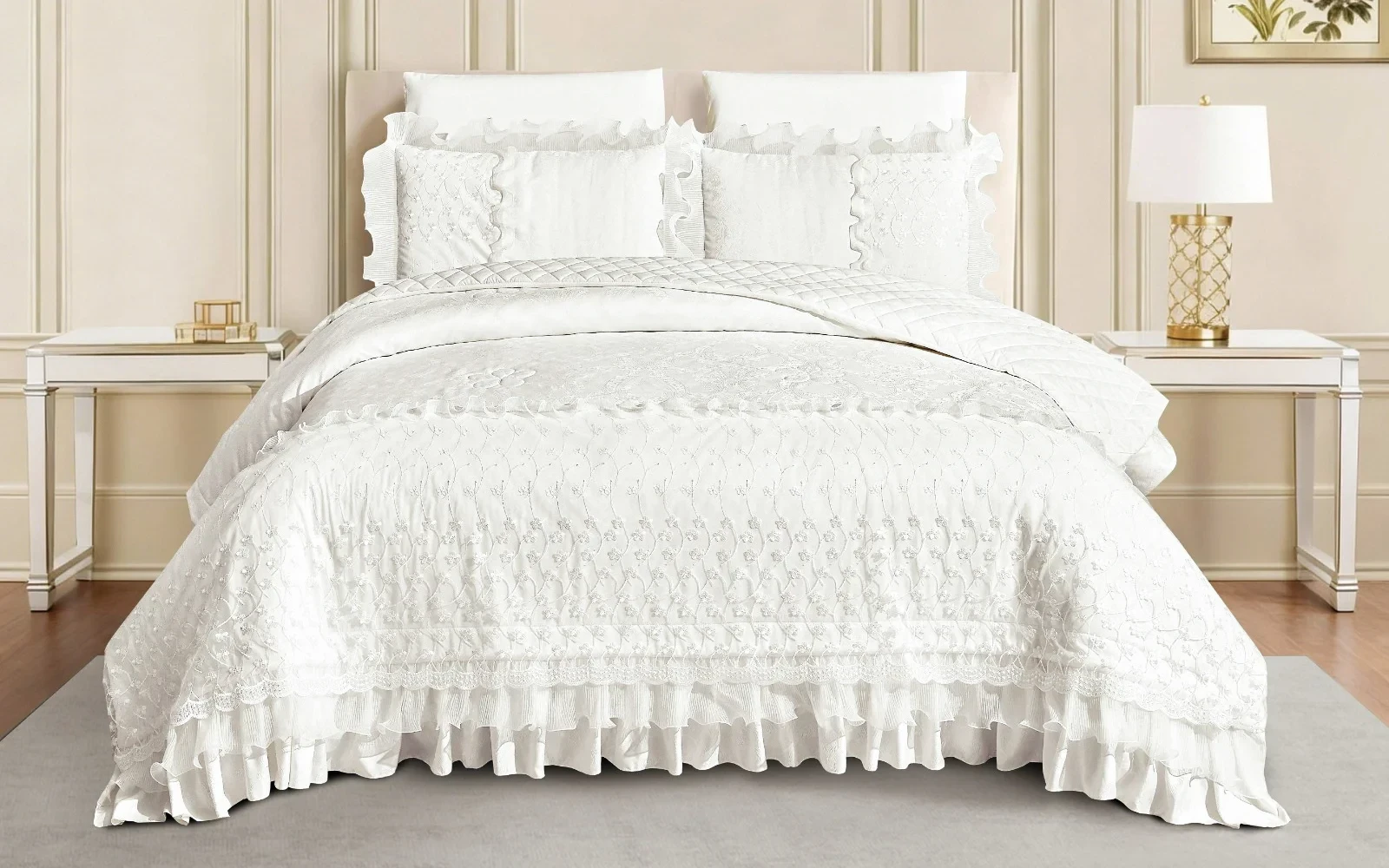 Al Saad Home Wedding Night Package (Jacquard Lace Wedding Bedspread Set + Cotton Embroidered Bathrobe Set) - 12 PCS