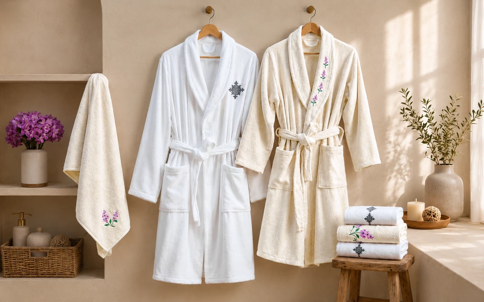 Al Saad Home Wedding Night Package (Jacquard Lace Wedding Bedspread Set + Cotton Embroidered Bathrobe Set) - 12 PCS