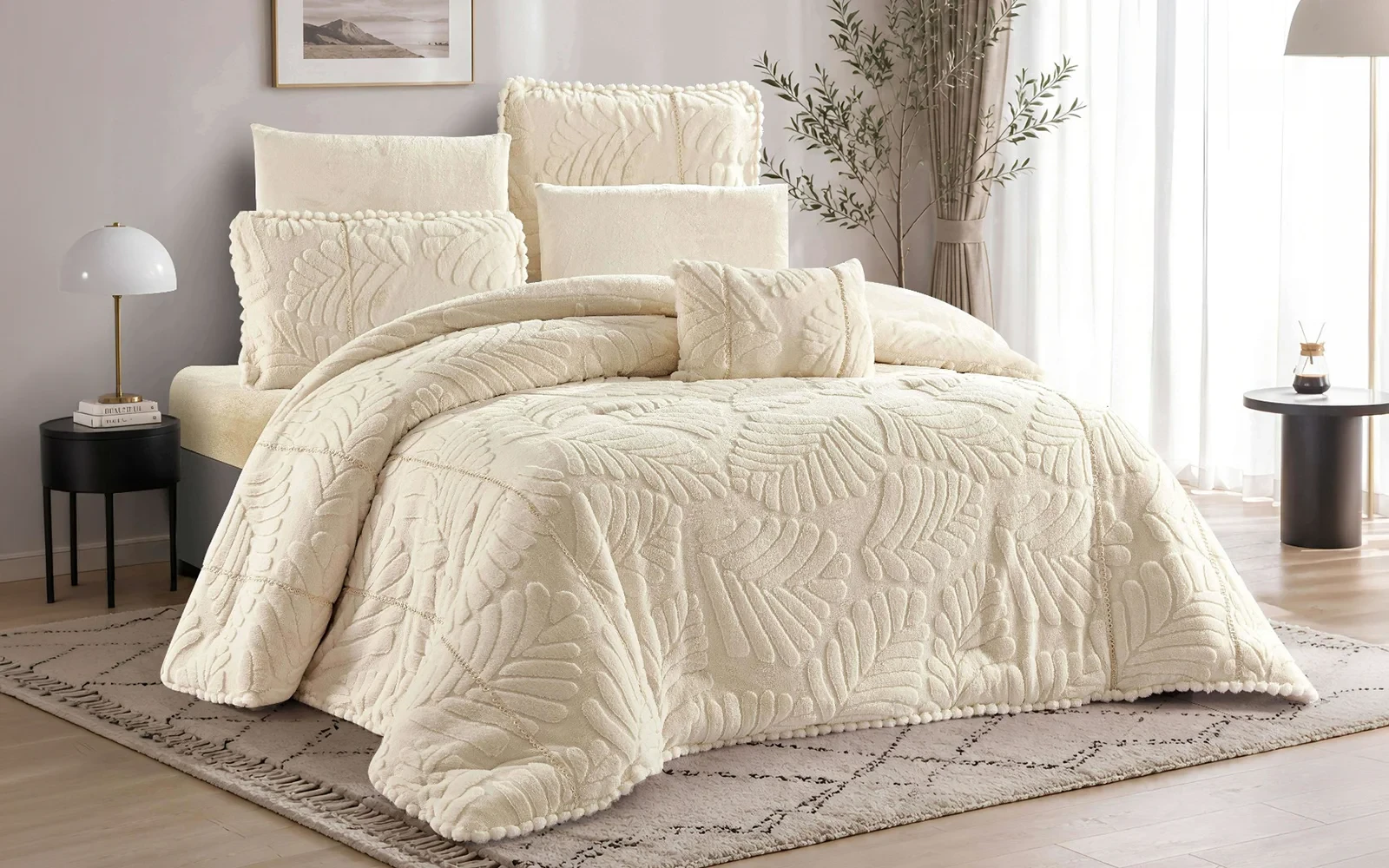 Lush Velvet Comforter Bedding Set 7 PCS - King Cream