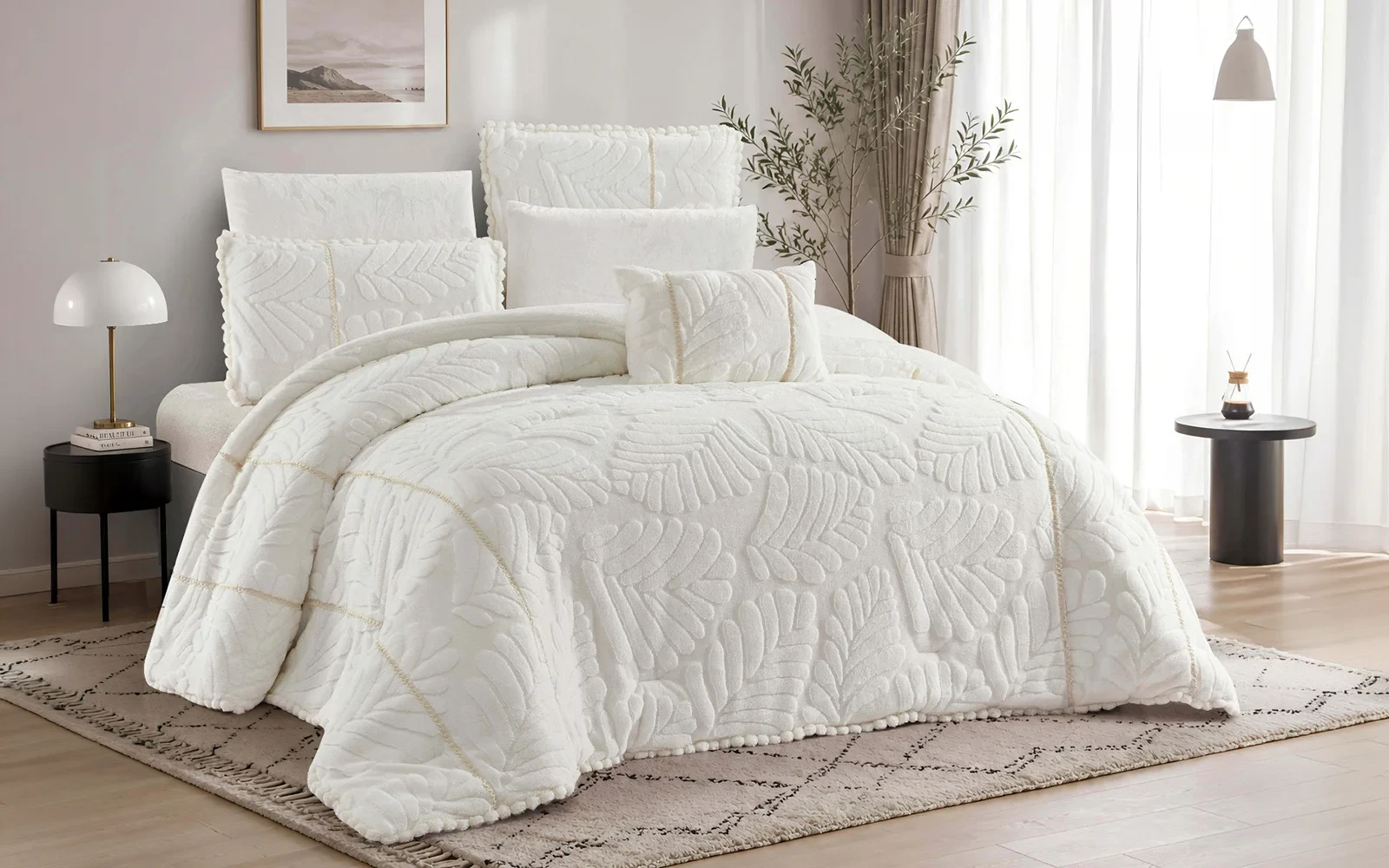 Lush Velvet Comforter Bedding Set 7 PCS - King Off White