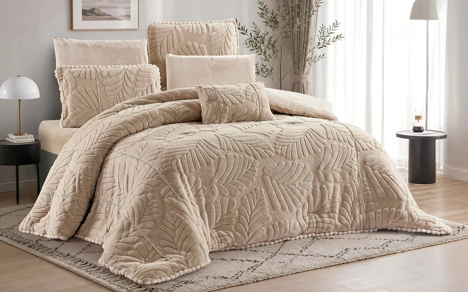 Lush Velvet Comforter Bedding Set 7 PCS - King Beige
