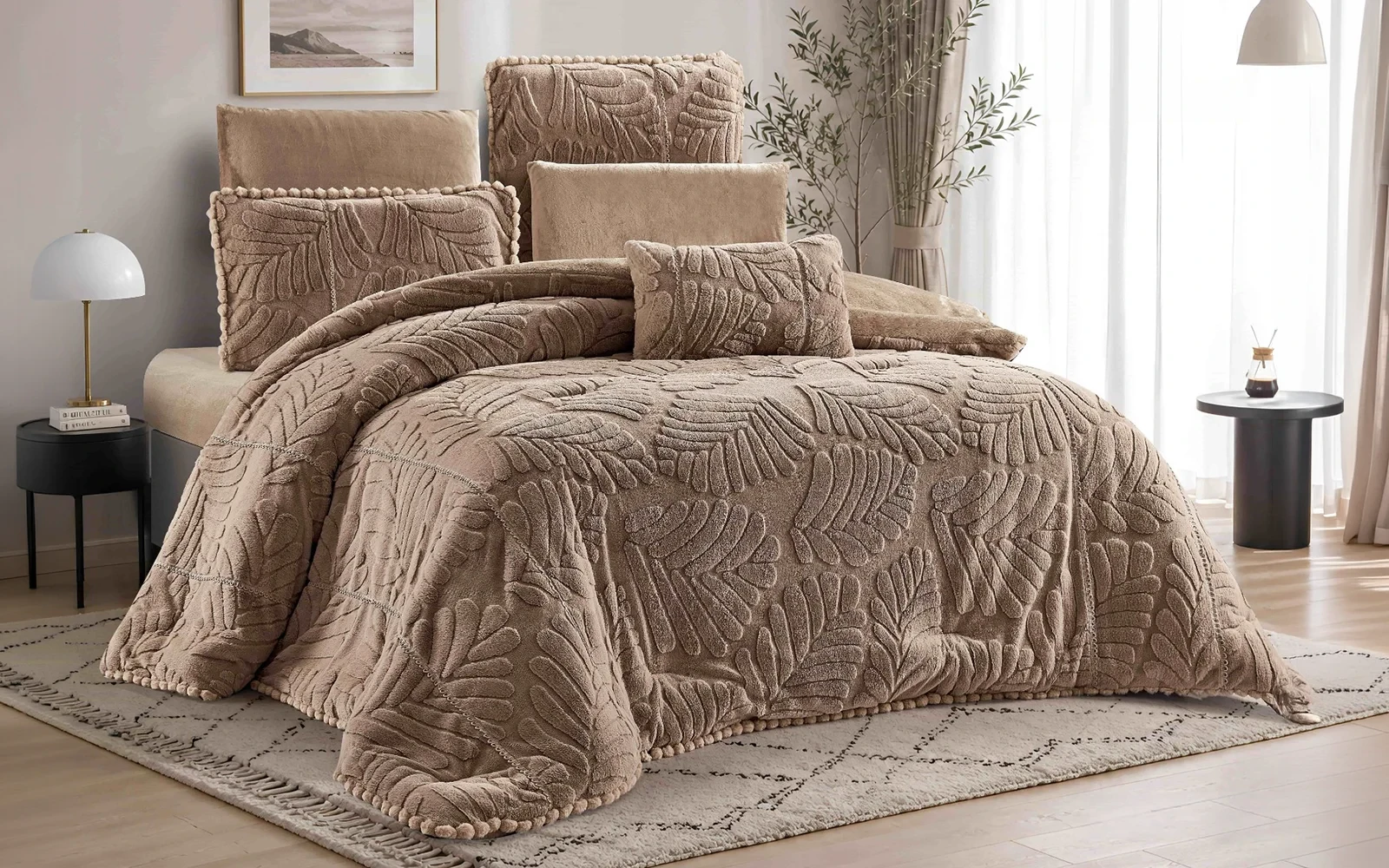 Lush Velvet Comforter Bedding Set 7 PCS - King D.Beige