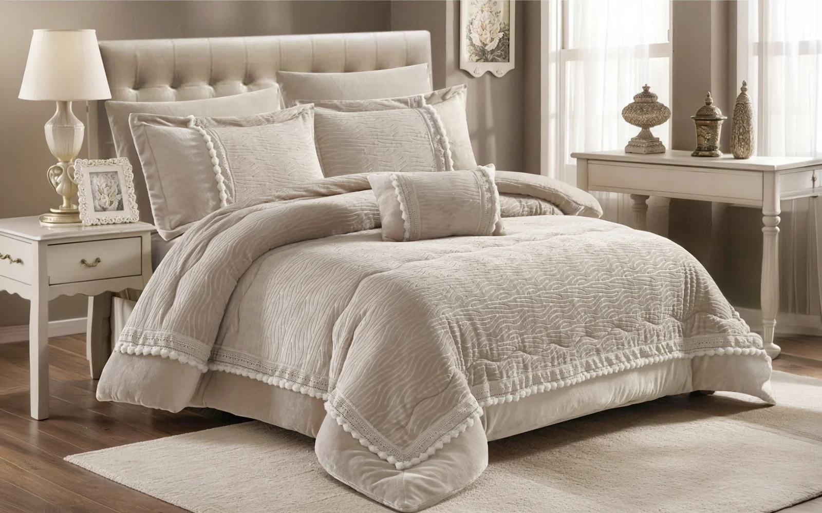 Kingdom Flannel Comforter Bedding Set 7 PCS - King Taupe