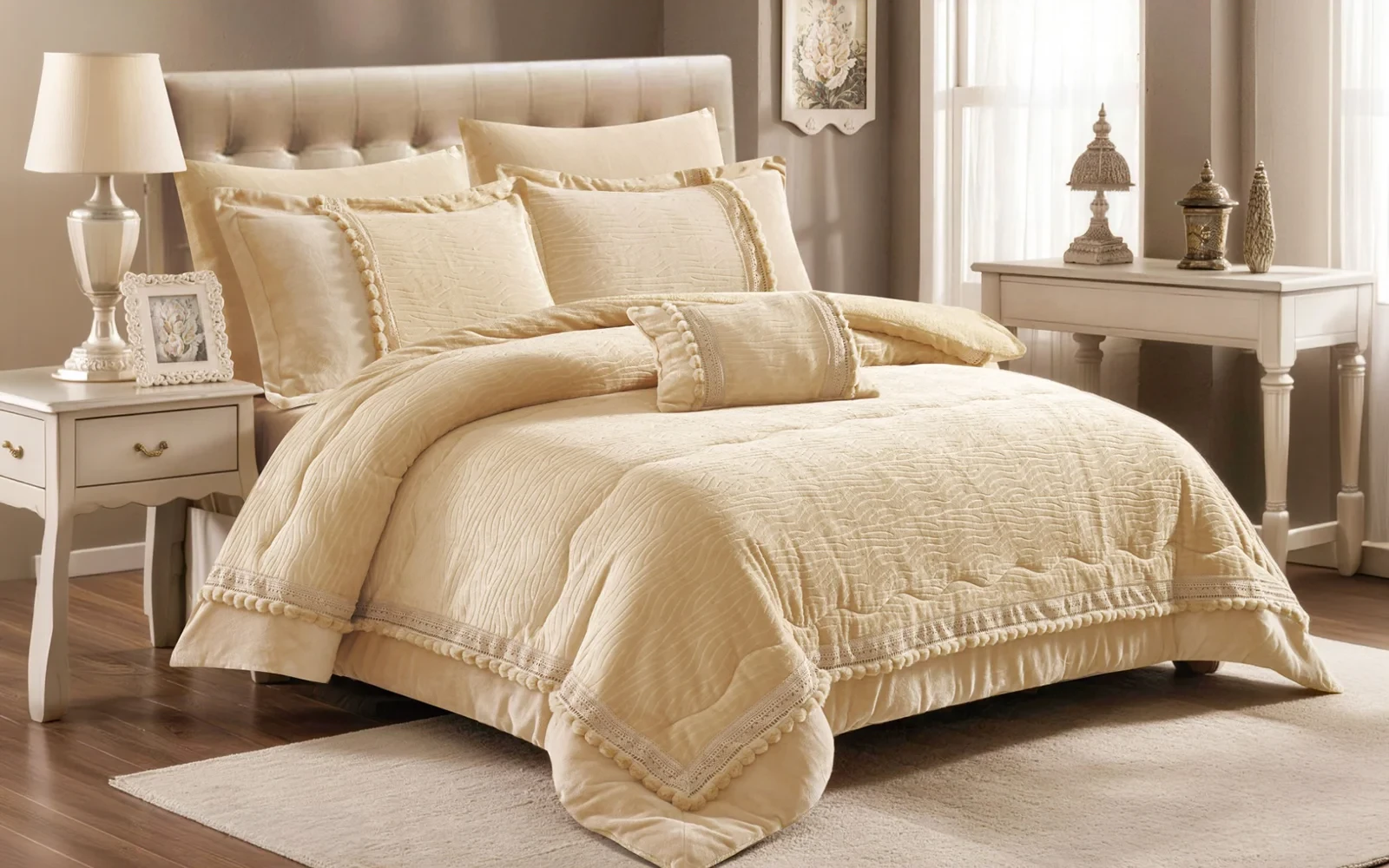 Kingdom Flannel Comforter Bedding Set 7 PCS - King Beige