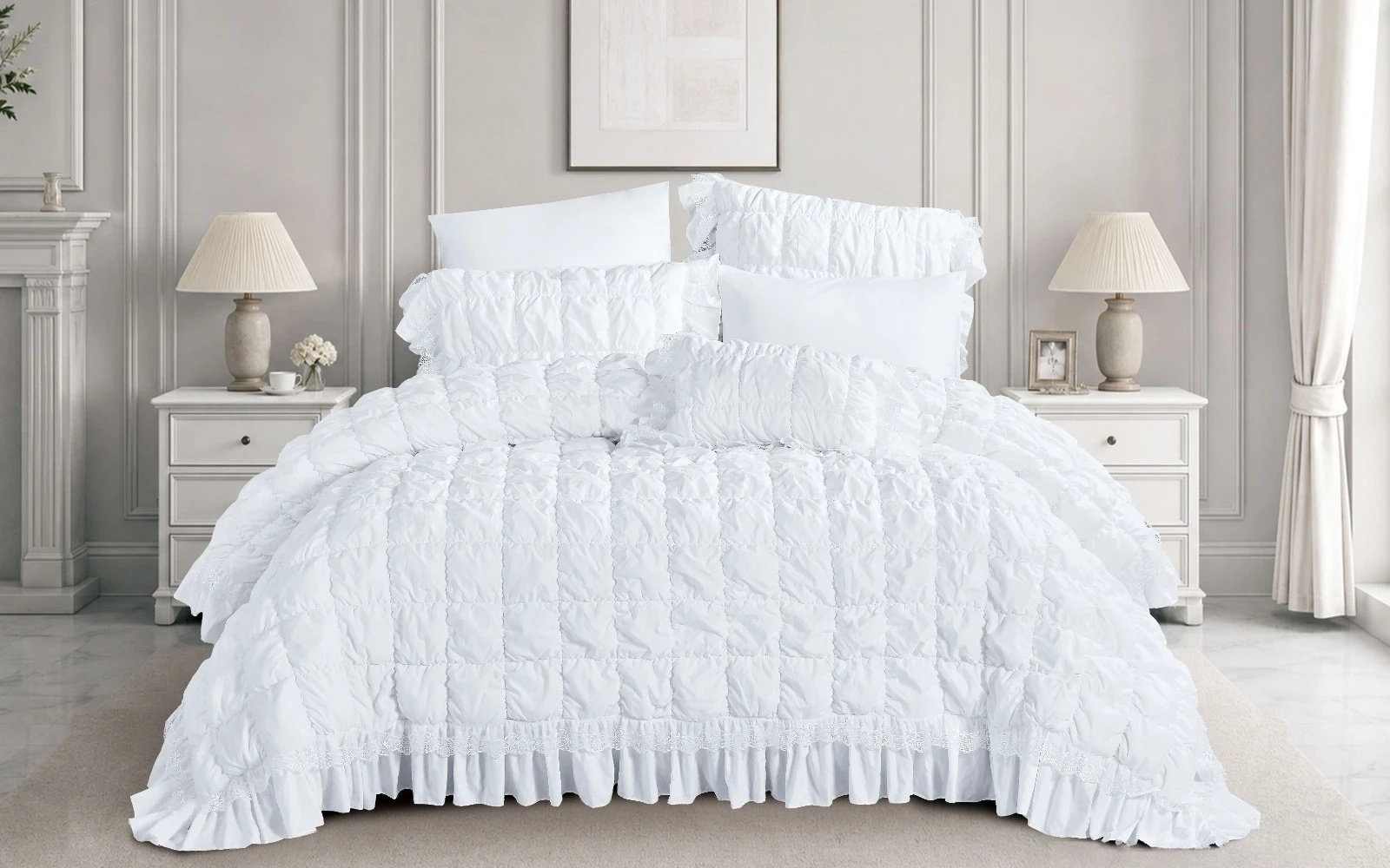Sova Lace Comforter Bedding Set 7 PCS - King White