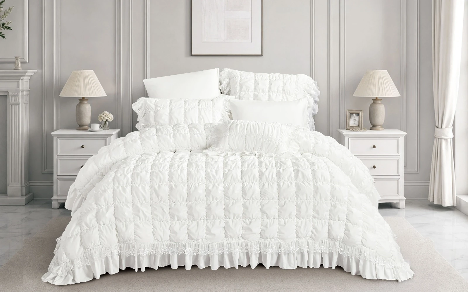 Sova Lace Comforter Bedding Set 7 PCS - King Off White