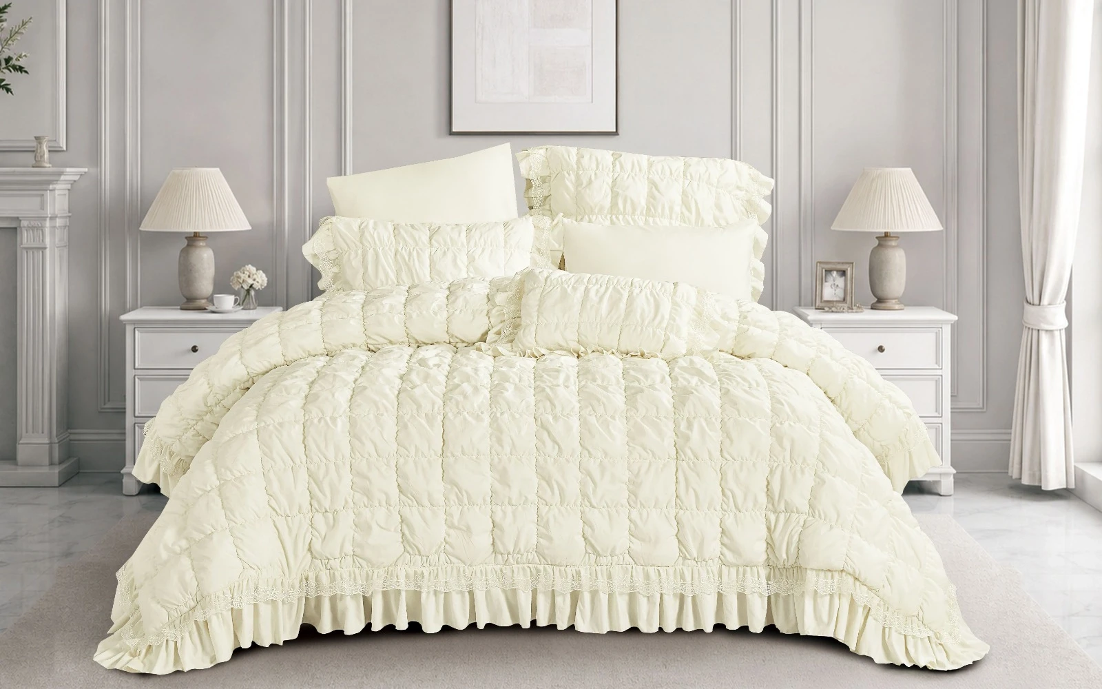 Sova Lace Comforter Bedding Set 7 PCS - King Cream