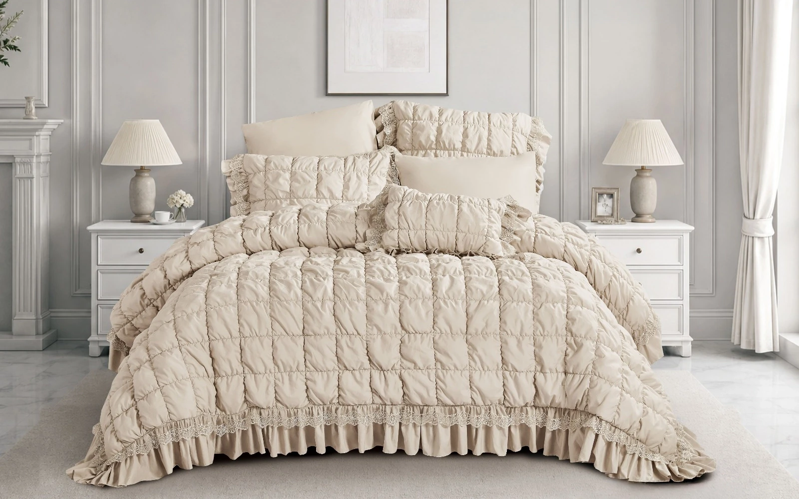 Sova Lace Comforter Bedding Set 7 PCS - King D.Beige