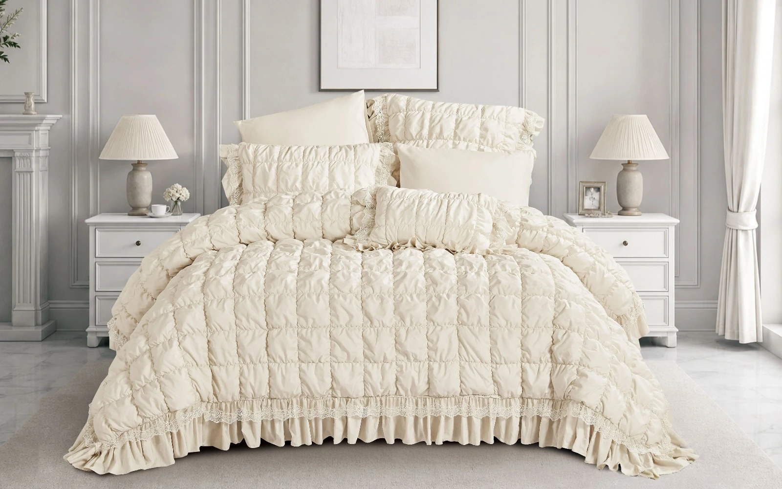 Sova Lace Comforter Bedding Set 7 PCS - King L.Beige
