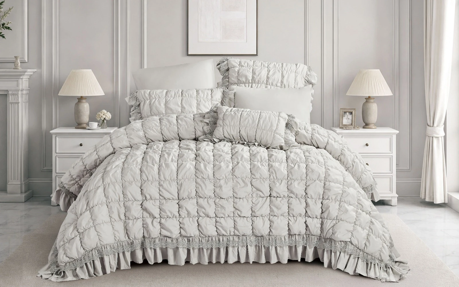 Sova Lace Comforter Bedding Set 7 PCS - King Grey