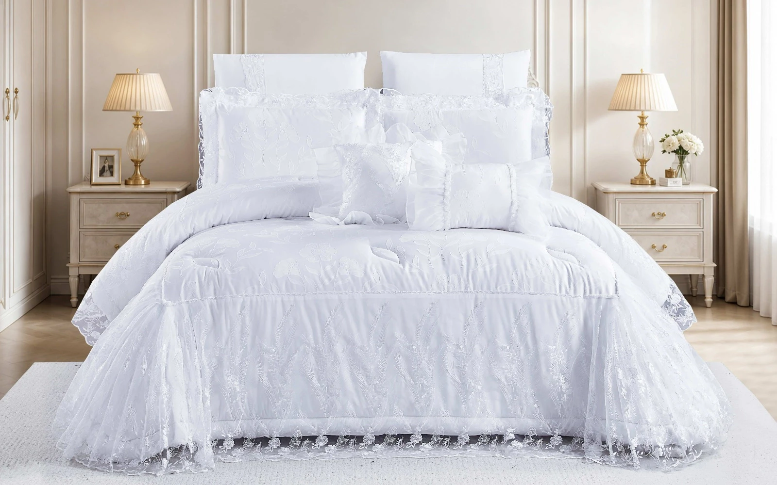 Opal Embroidered Lace Comforter Bedding Set 8 PCS - King White