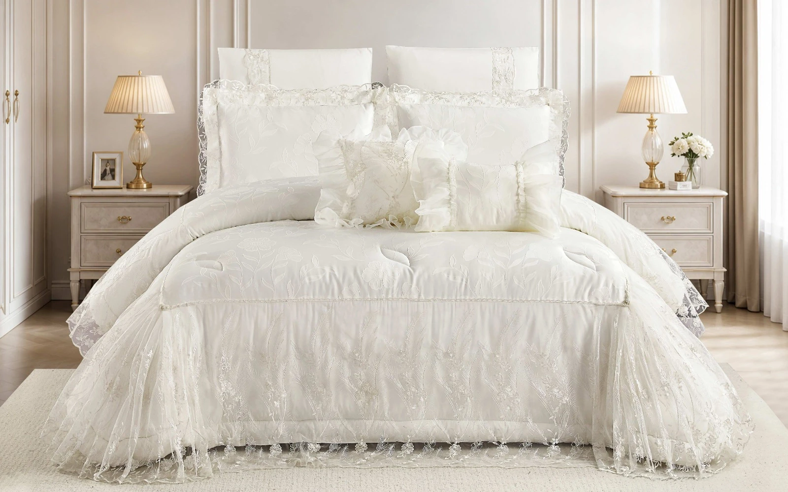 Opal Embroidered Lace Comforter Bedding Set 8 PCS - King Cream