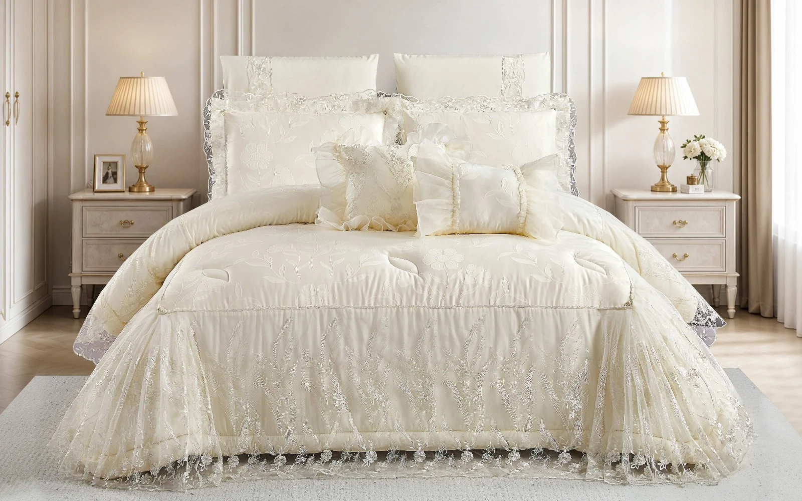 Opal Embroidered Lace Comforter Bedding Set 8 PCS - King L.Beige