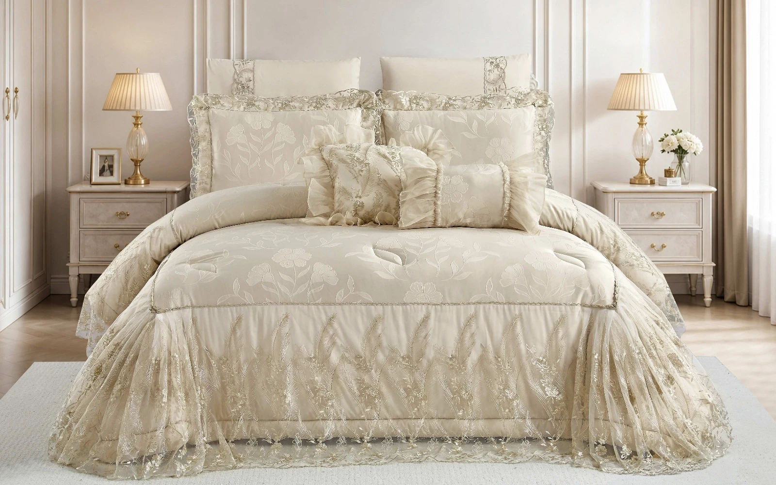 Opal Embroidered Lace Comforter Bedding Set 8 PCS - King Beige