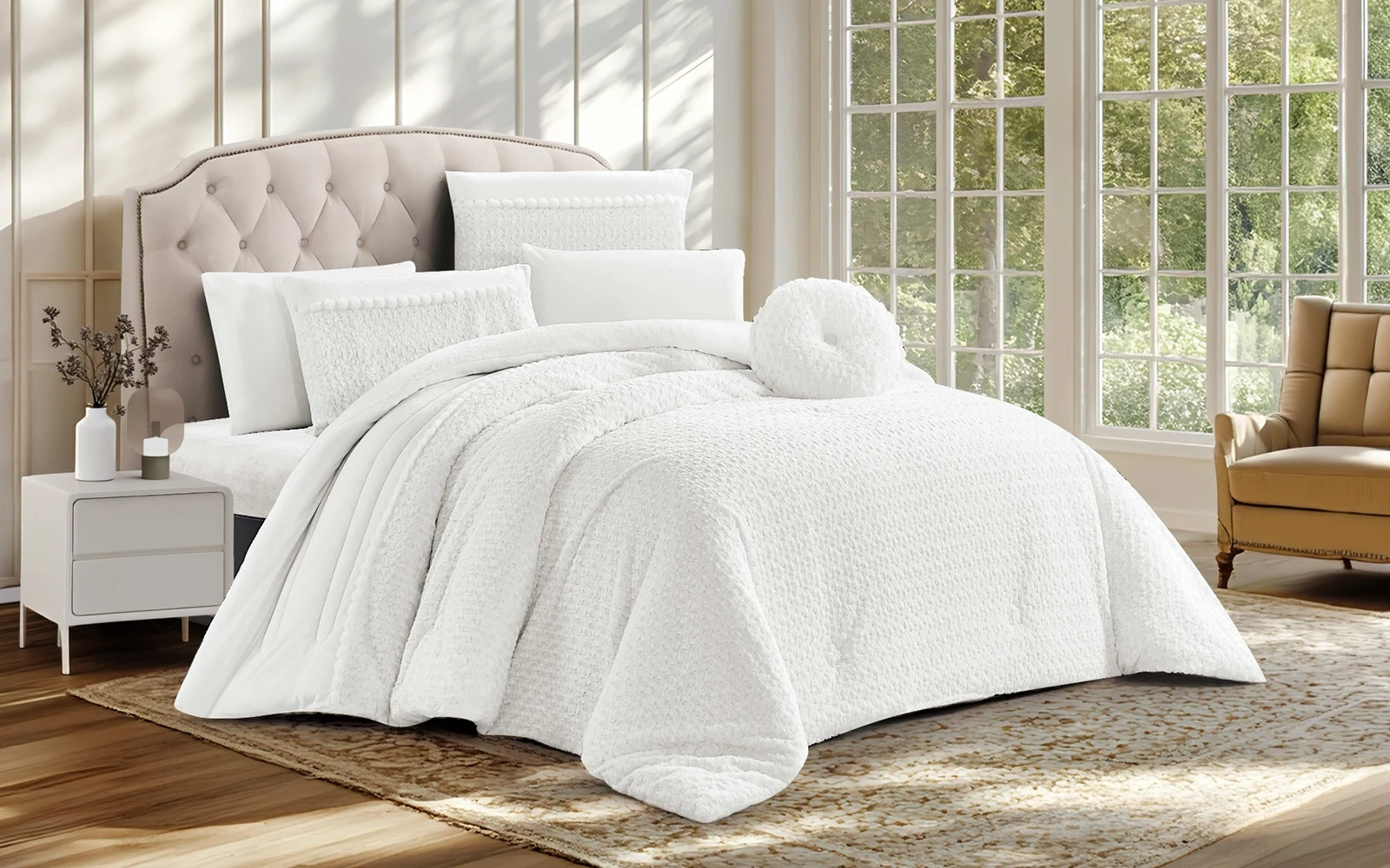 Thuraya Fur Comforter Bedding Set 7 PCS - King White