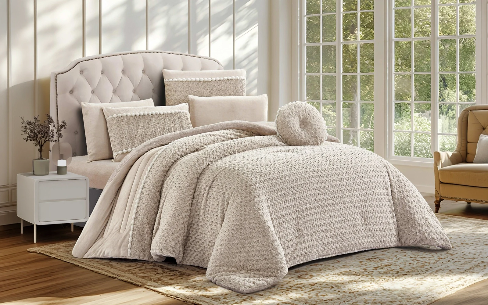 Thuraya Fur Comforter Bedding Set 7 PCS - King Taupe