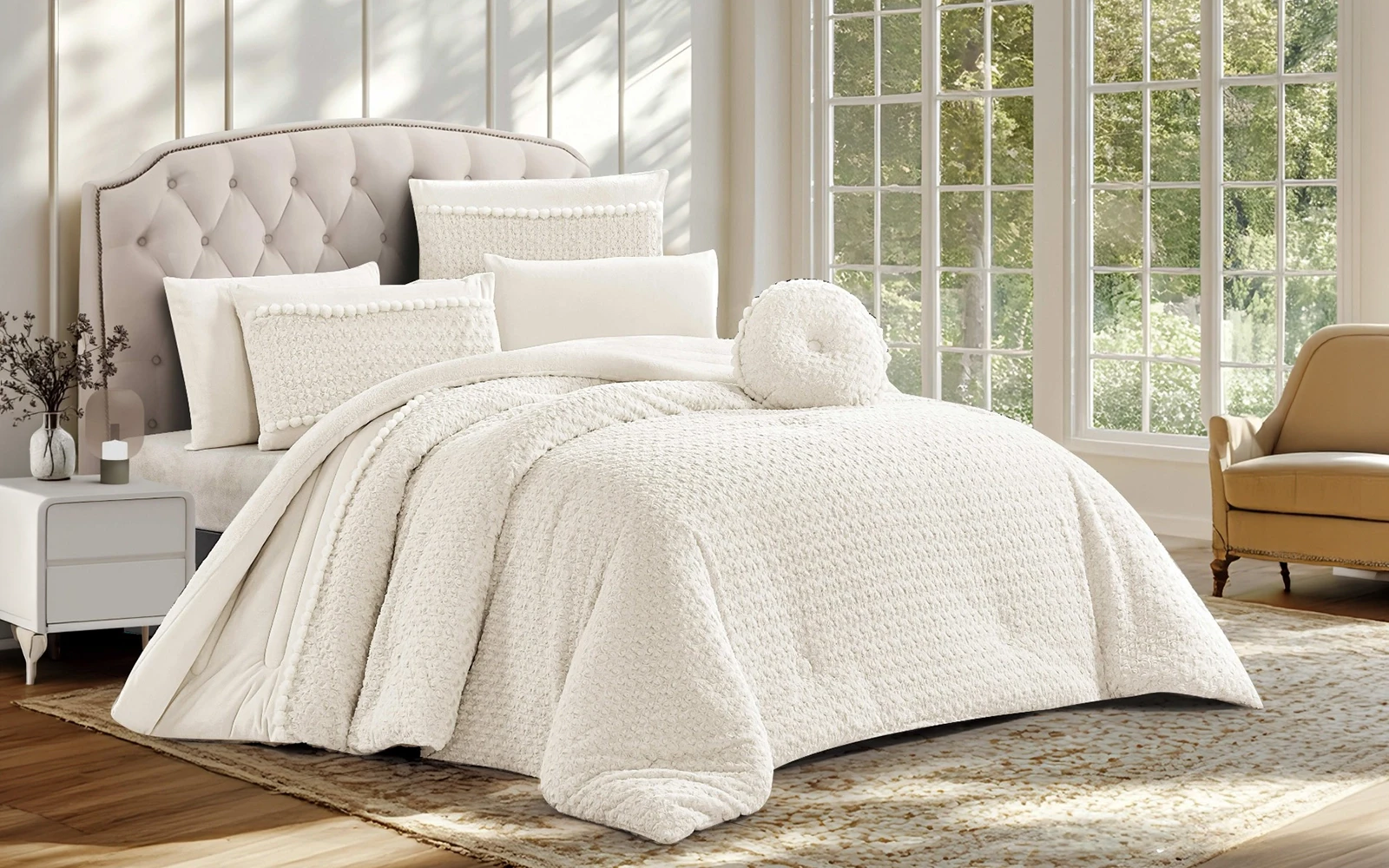 Thuraya Fur Comforter Bedding Set 7 PCS - King Cream