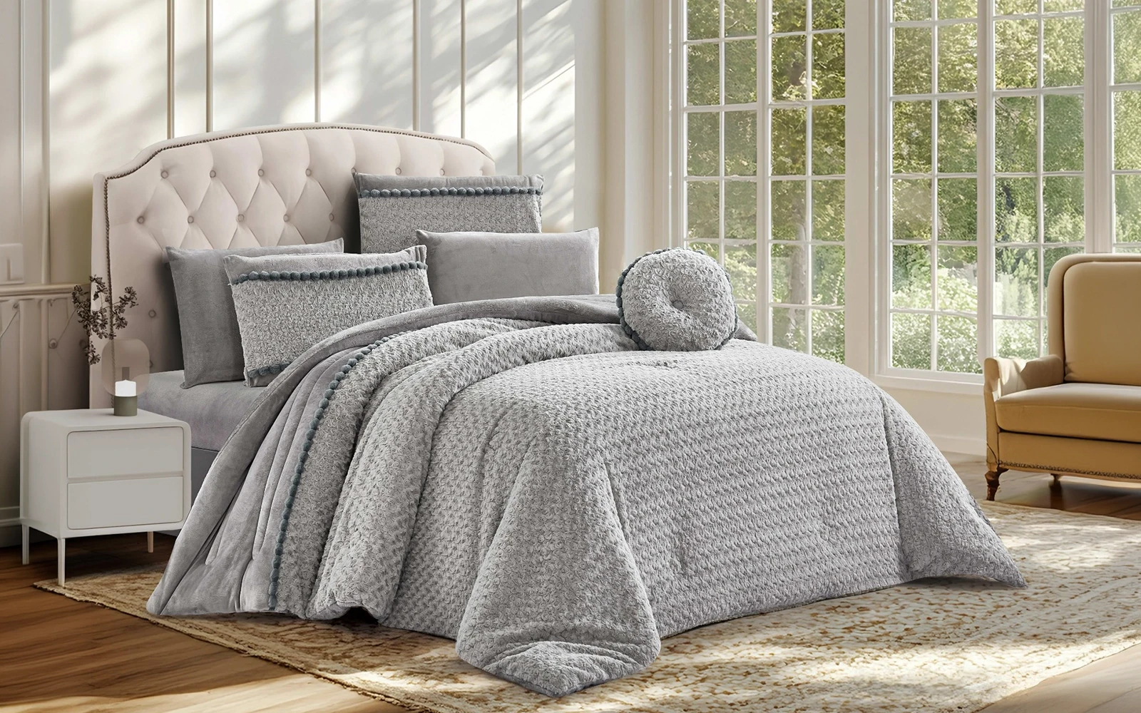 Thuraya Fur Comforter Bedding Set 7 PCS - King Grey