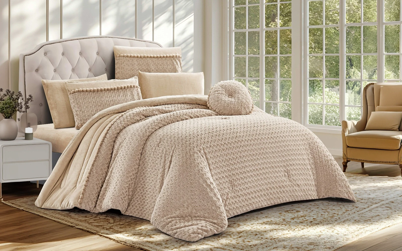 Thuraya Fur Comforter Bedding Set 7 PCS - King L.Beige