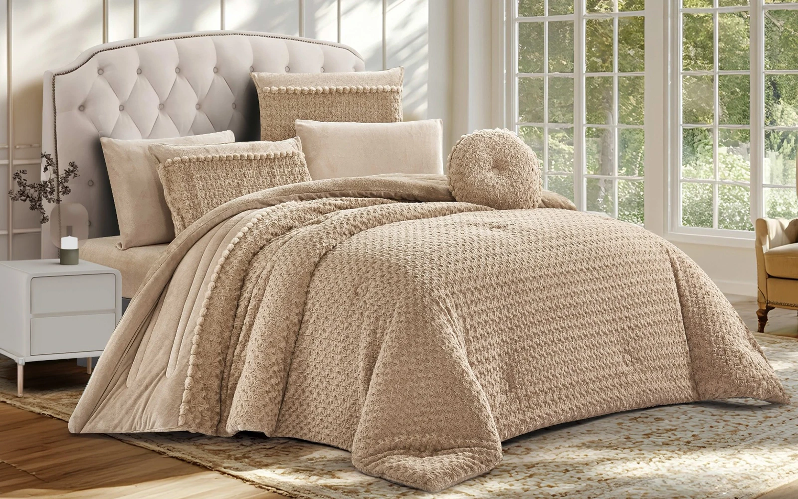 Thuraya Fur Comforter Bedding Set 7 PCS - King D.Beige