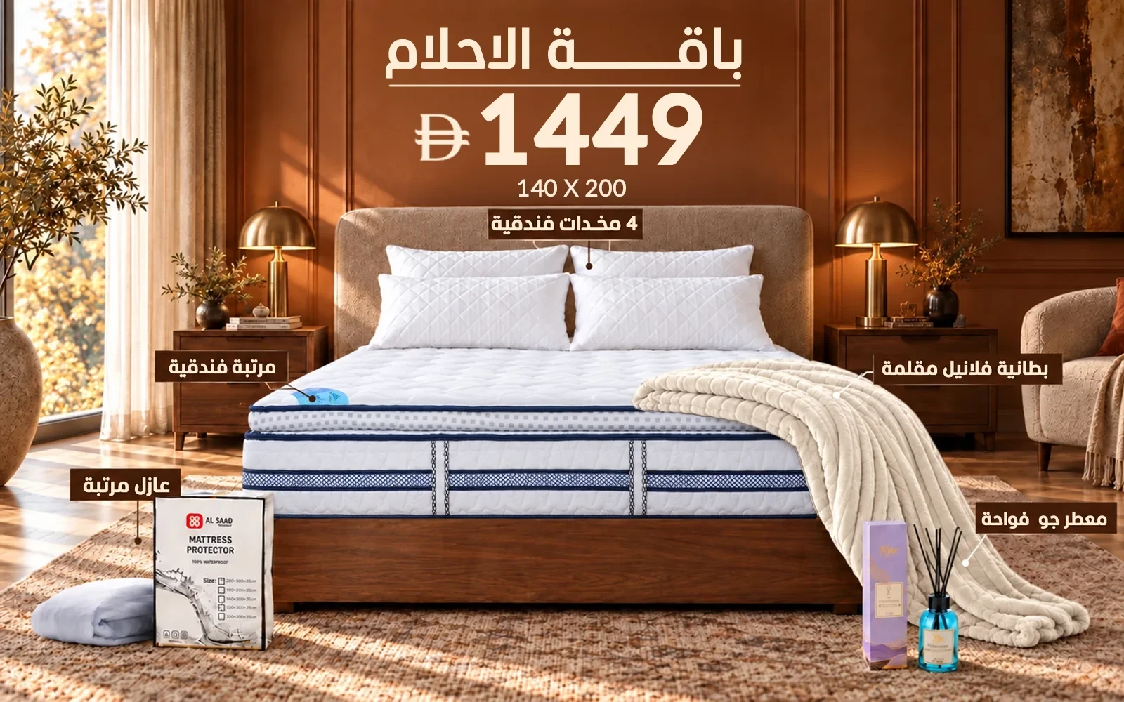 Al Saad Home Dream Package ( Stripe Flannel Blanket - Luxury Nordic Mattress - Waterproof Mattress Protector - 4 PCS Hotel Pi