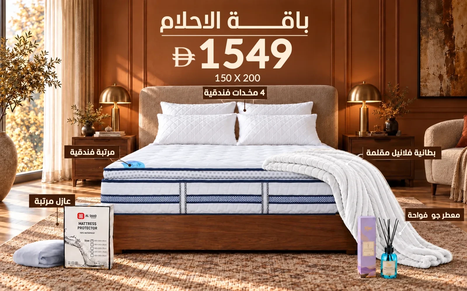 Al Saad Home Dream Package ( Stripe Flannel Blanket - Luxury Nordic Mattress - Waterproof Mattress Protector - 4 PCS Hotel Pi