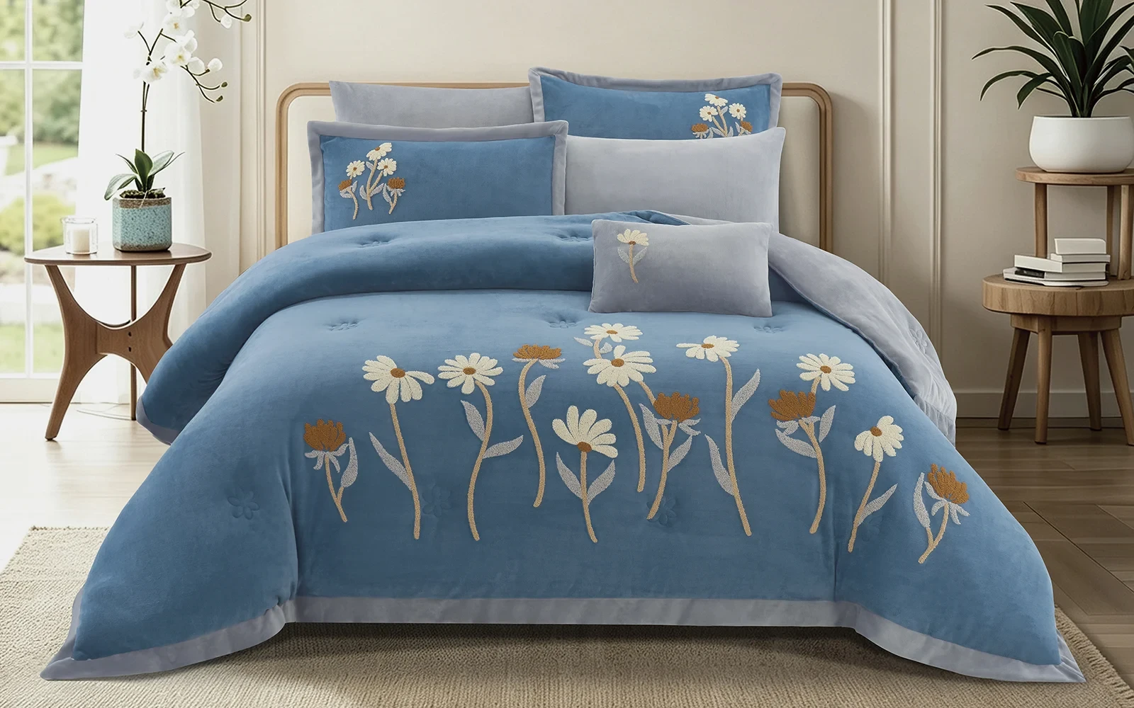 Frutteto Velvet Embroidered Comforter Bedding Set 7 PCS - King Blue & Grey
