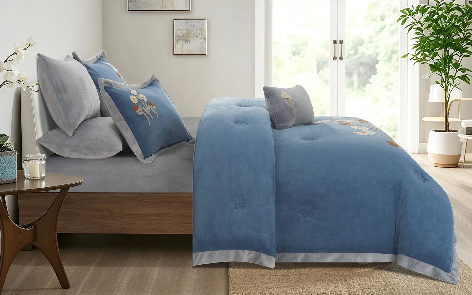 Frutteto Velvet Embroidered Comforter Bedding Set 7 PCS - King Blue & Grey