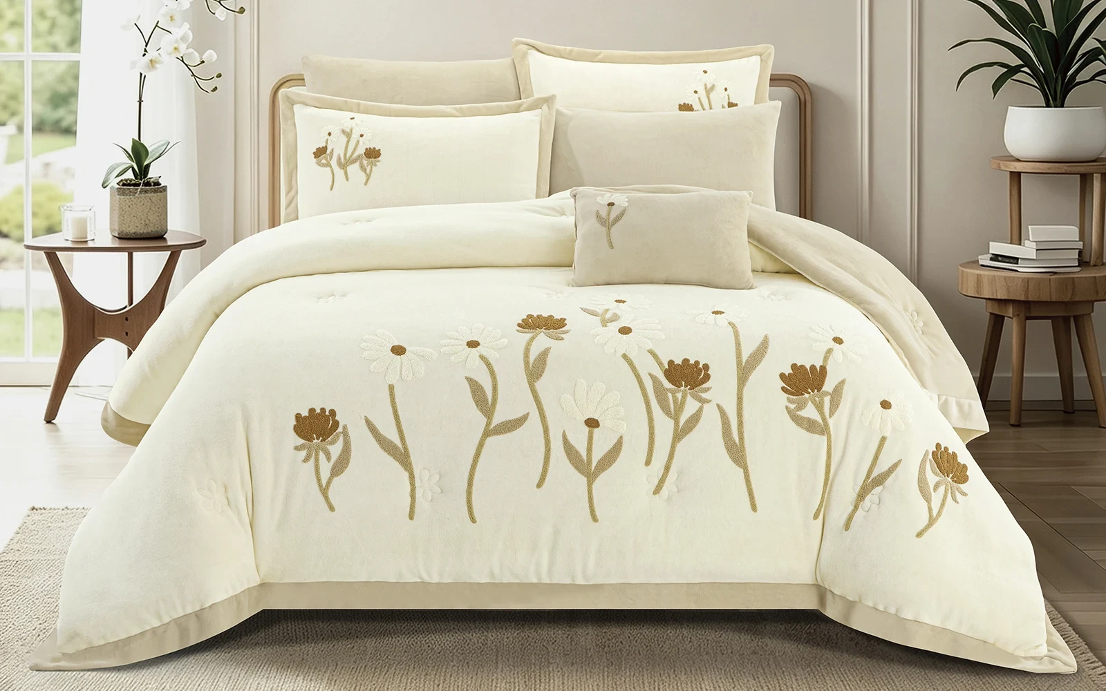 Frutteto Velvet Embroidered Comforter Bedding Set 7 PCS - King Cream & L.Beige