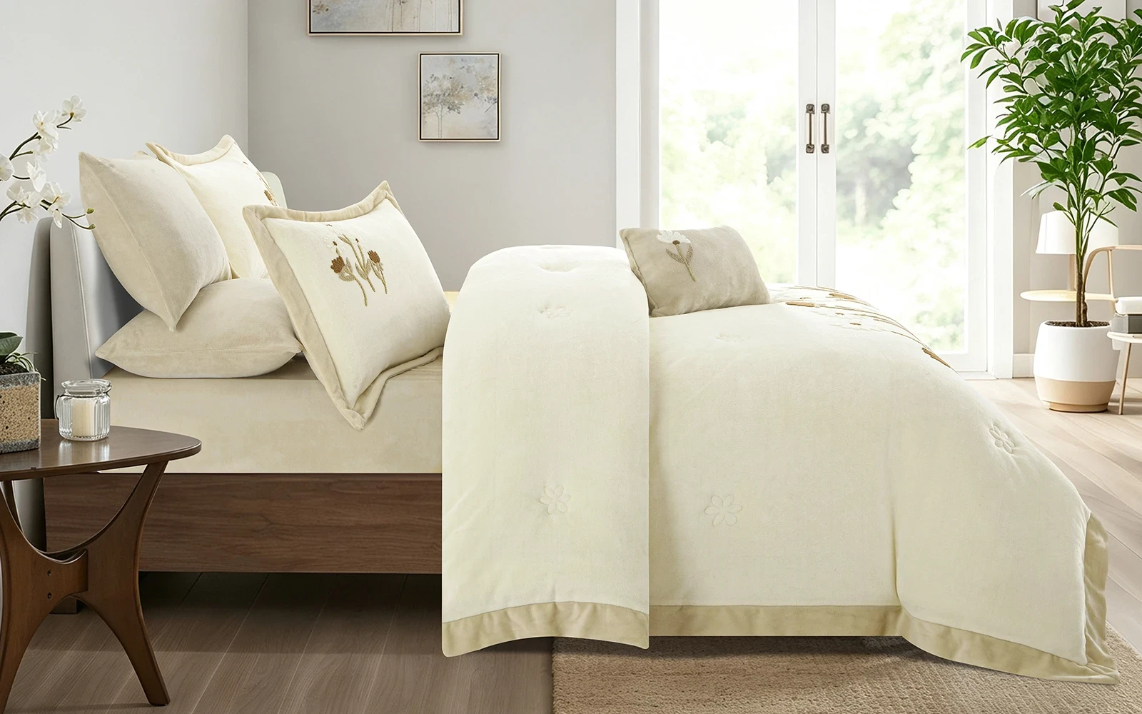 Frutteto Velvet Embroidered Comforter Bedding Set 7 PCS - King Cream & L.Beige