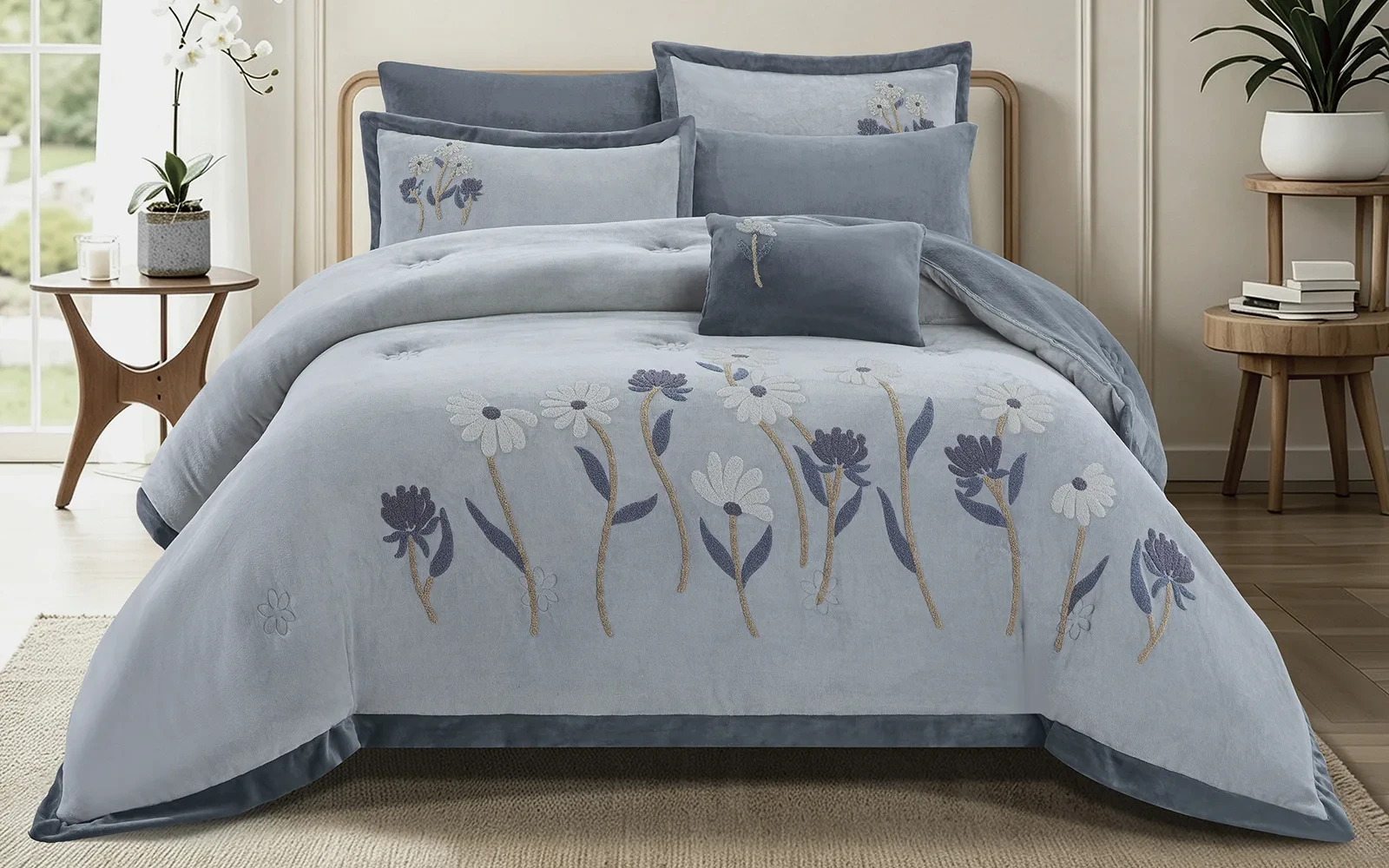 Frutteto Velvet Embroidered Comforter Bedding Set 7 PCS - King Grey