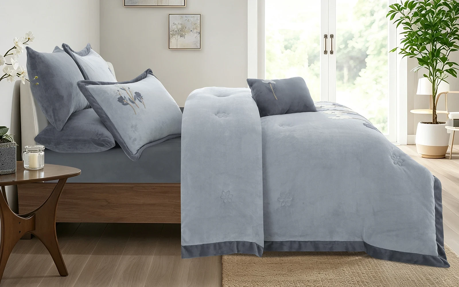 Frutteto Velvet Embroidered Comforter Bedding Set 7 PCS - King Grey