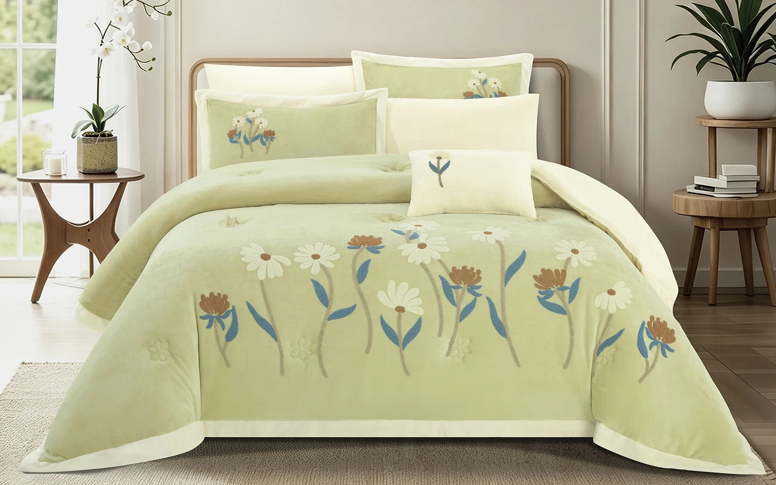 Frutteto Velvet Embroidered Comforter Bedding Set 7 PCS - King L.Green