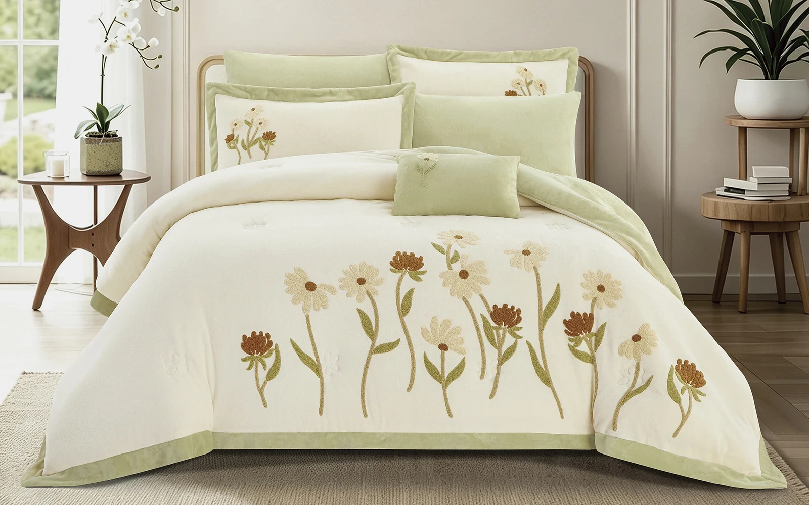 Frutteto Velvet Embroidered Comforter Bedding Set 7 PCS - King Cream & L.Green