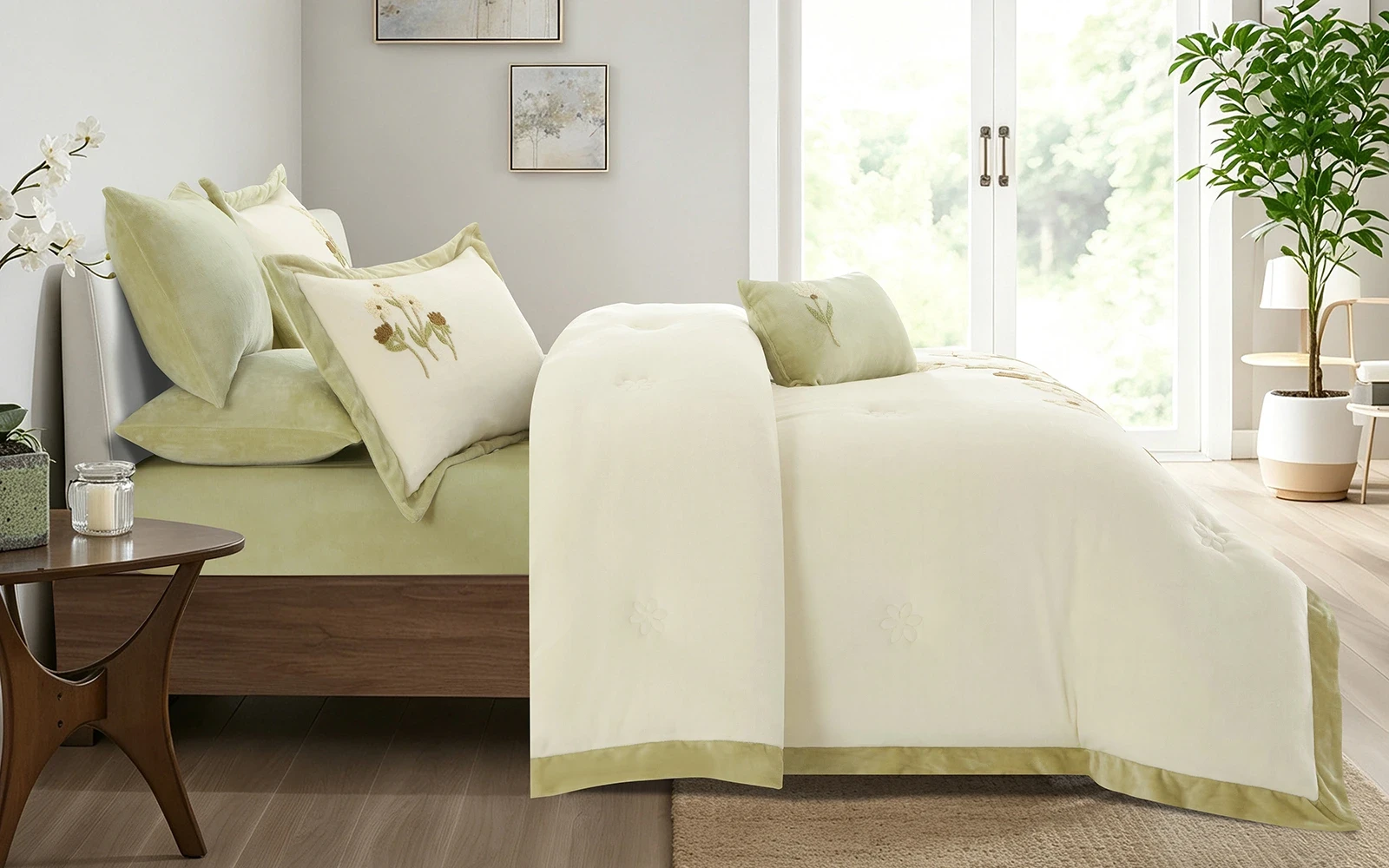 Frutteto Velvet Embroidered Comforter Bedding Set 7 PCS - King Cream & L.Green