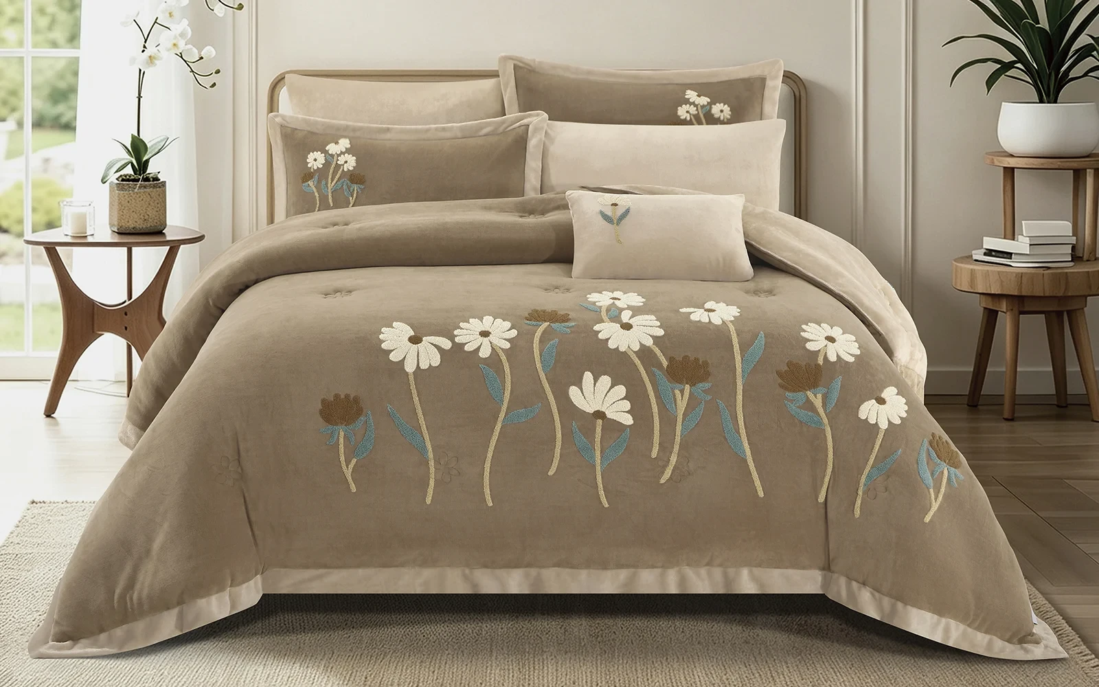 Frutteto Velvet Embroidered Comforter Bedding Set 7 PCS - King Brown