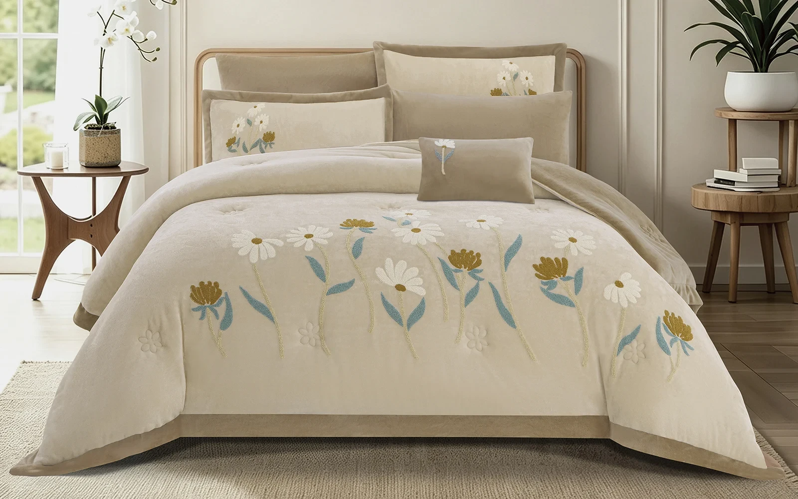 Frutteto Velvet Embroidered Comforter Bedding Set 7 PCS - King Beige