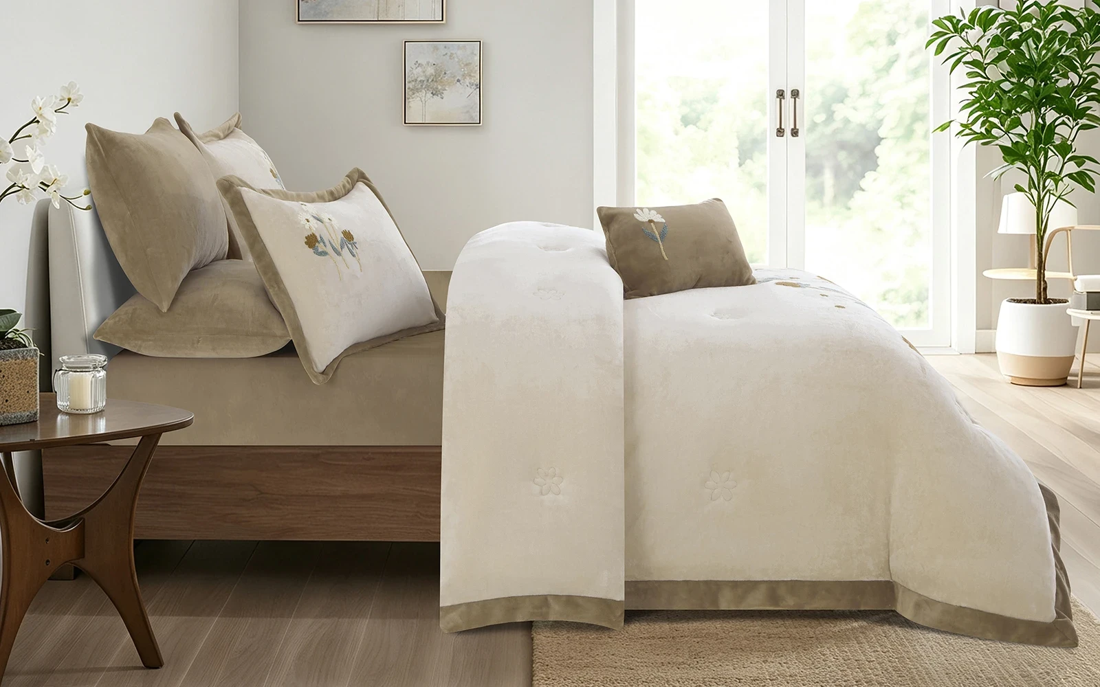 Frutteto Velvet Embroidered Comforter Bedding Set 7 PCS - King Beige