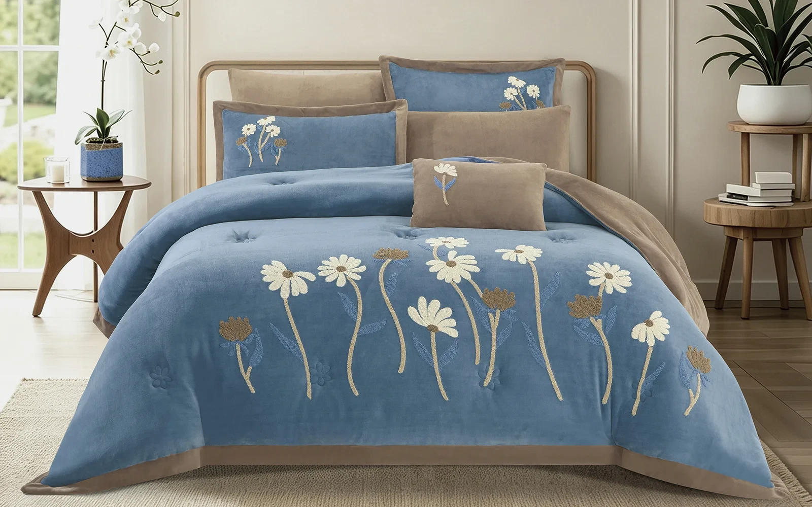 Frutteto Velvet Embroidered Comforter Bedding Set 7 PCS - King Blue & Brown